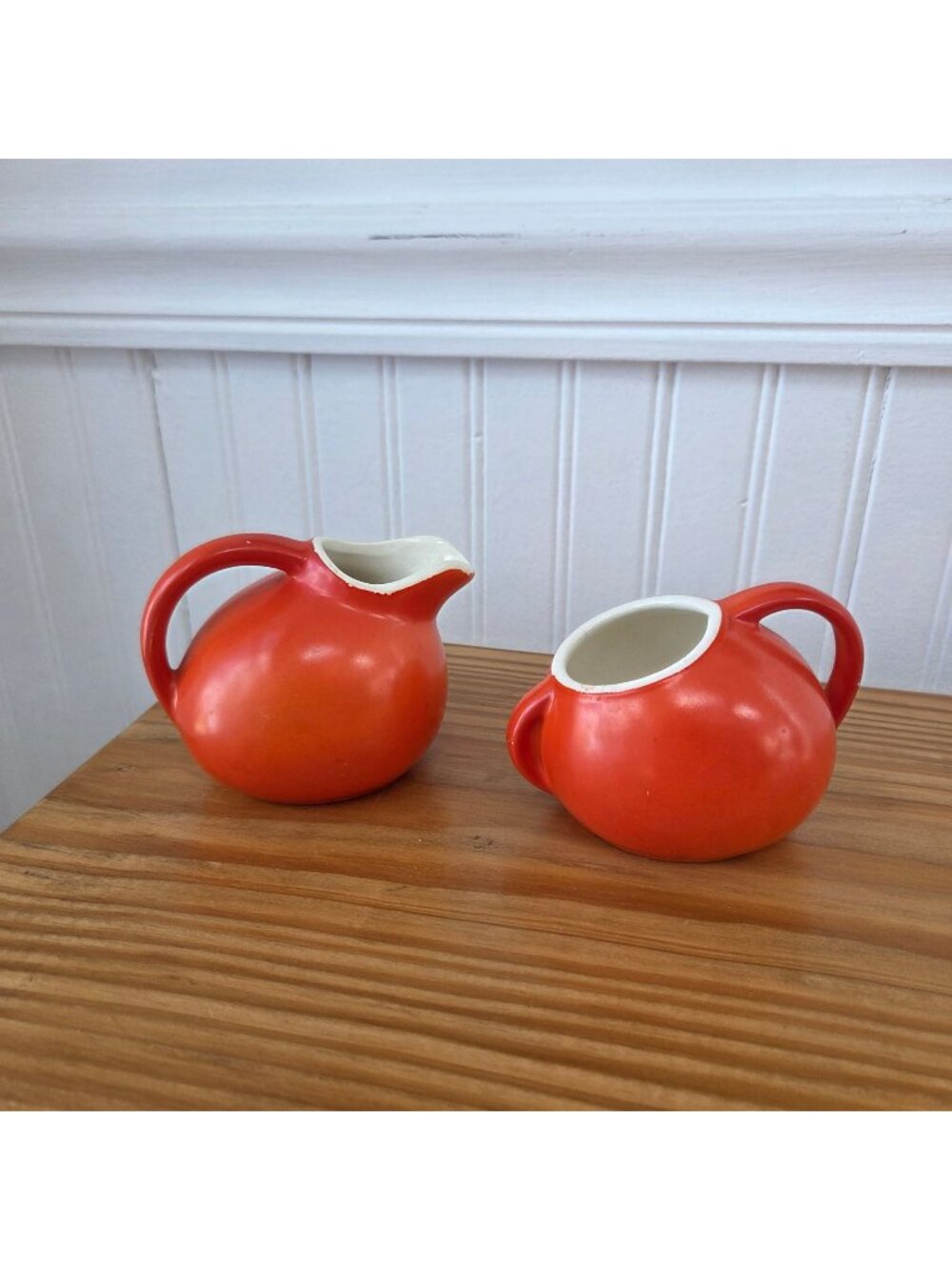 Vintage Hall Pottery Mid Century Modern MCM Orange Tilt Pitchers Creamer